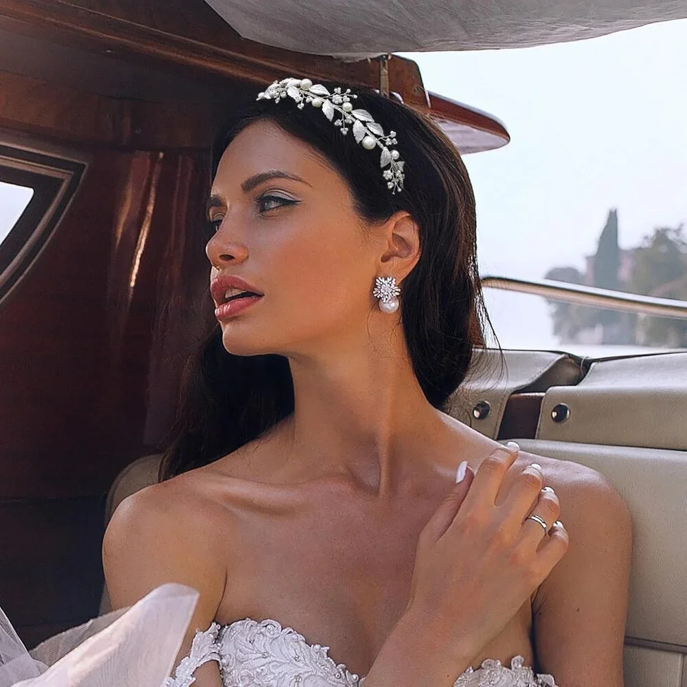 Bridal Headband Rhinestone Hair Band Wedding Tiara for Women Silver 14''